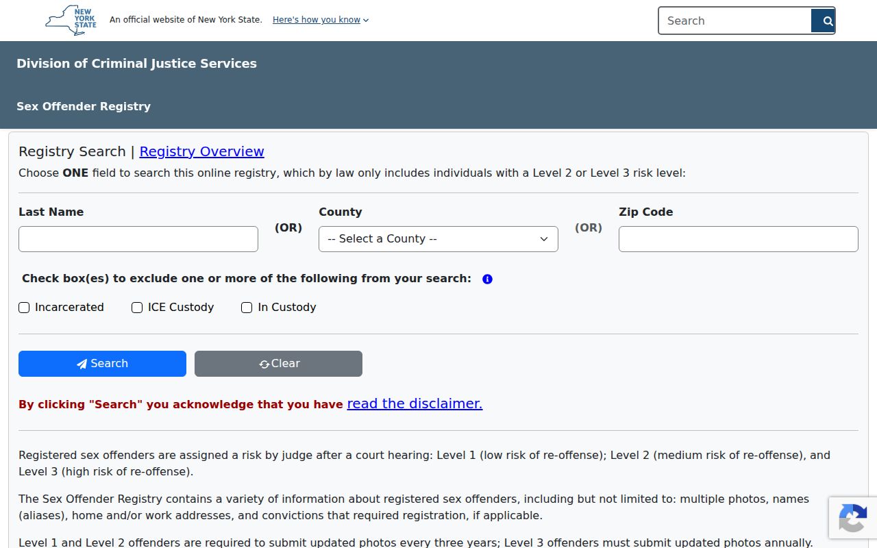 Nassau County resident lookup New York sex offender registry search choices and misuse notice